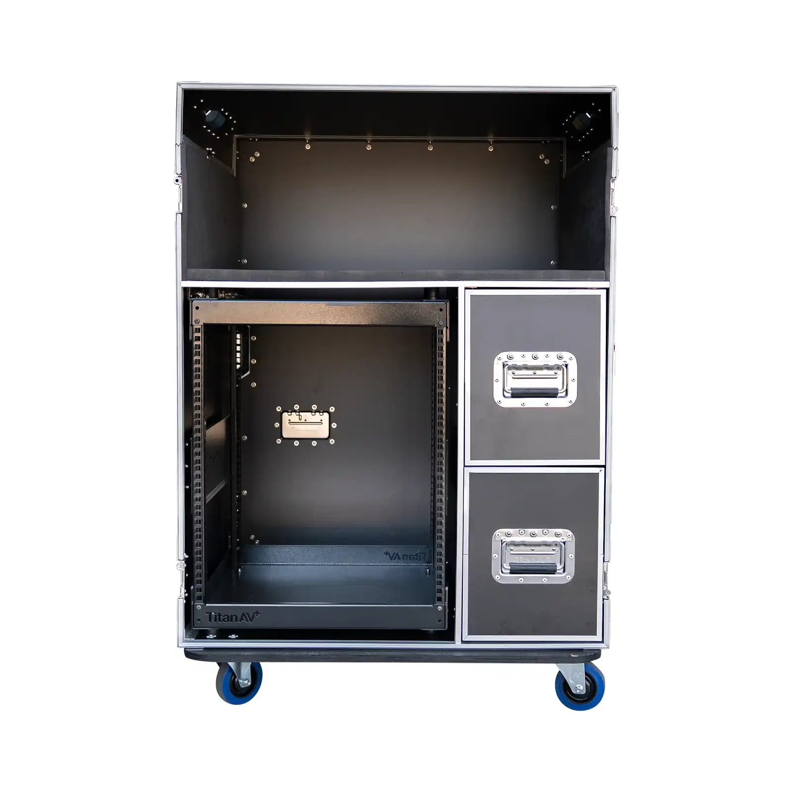 Front view with lid off of Mixer Workstation Flight Case with 12RU Shockproof Rack & Table