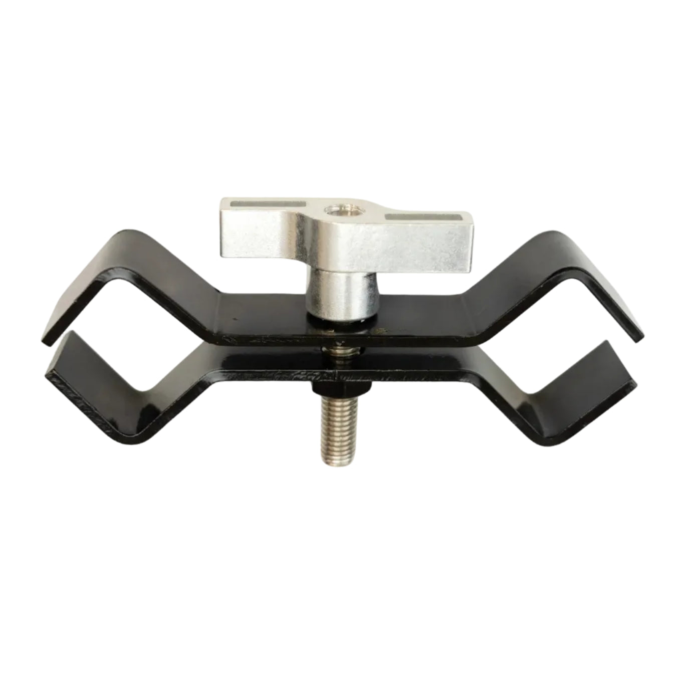 Metal clamp with adjustable screw on a white background