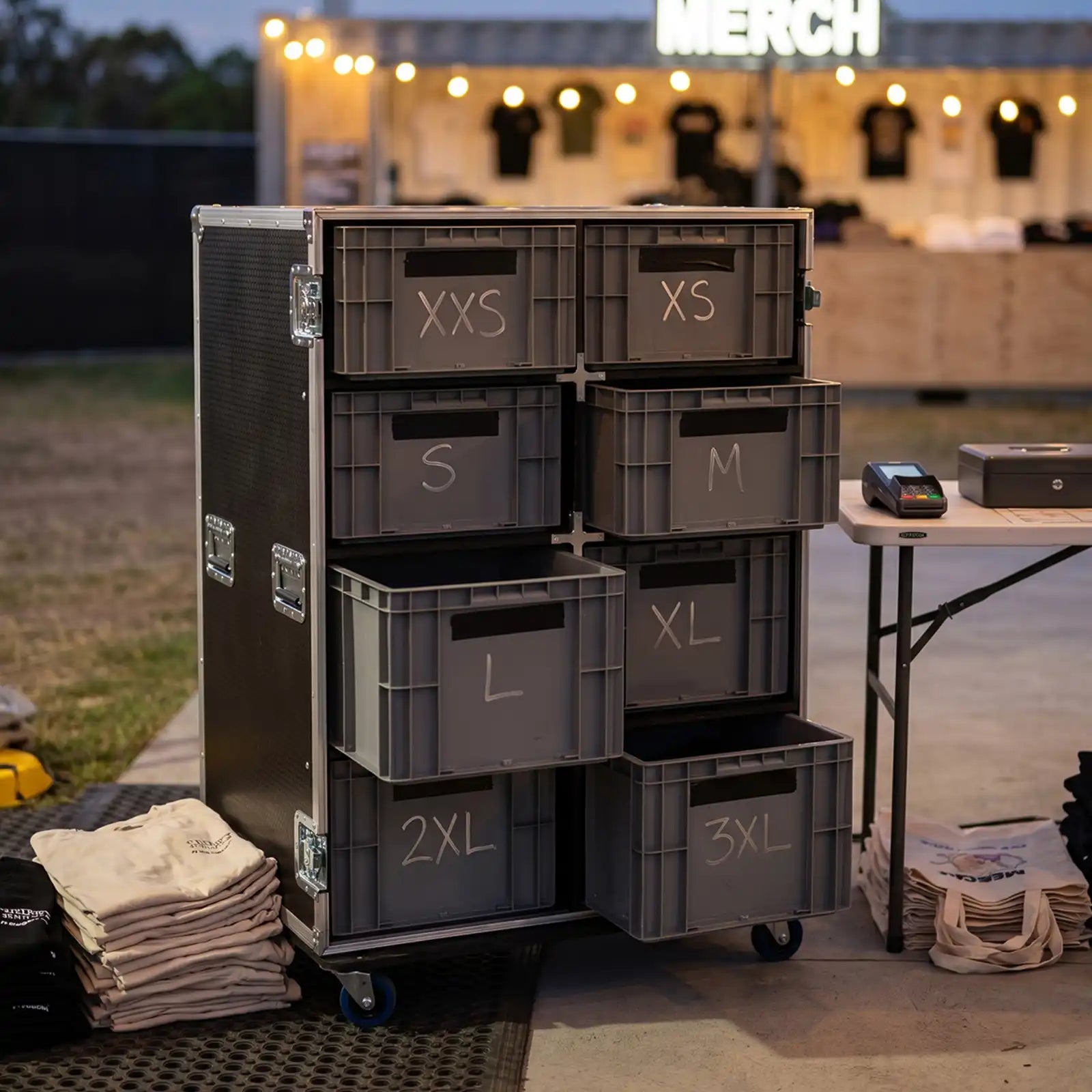 Organising merch with a Titan AV Crate Storage Road Case