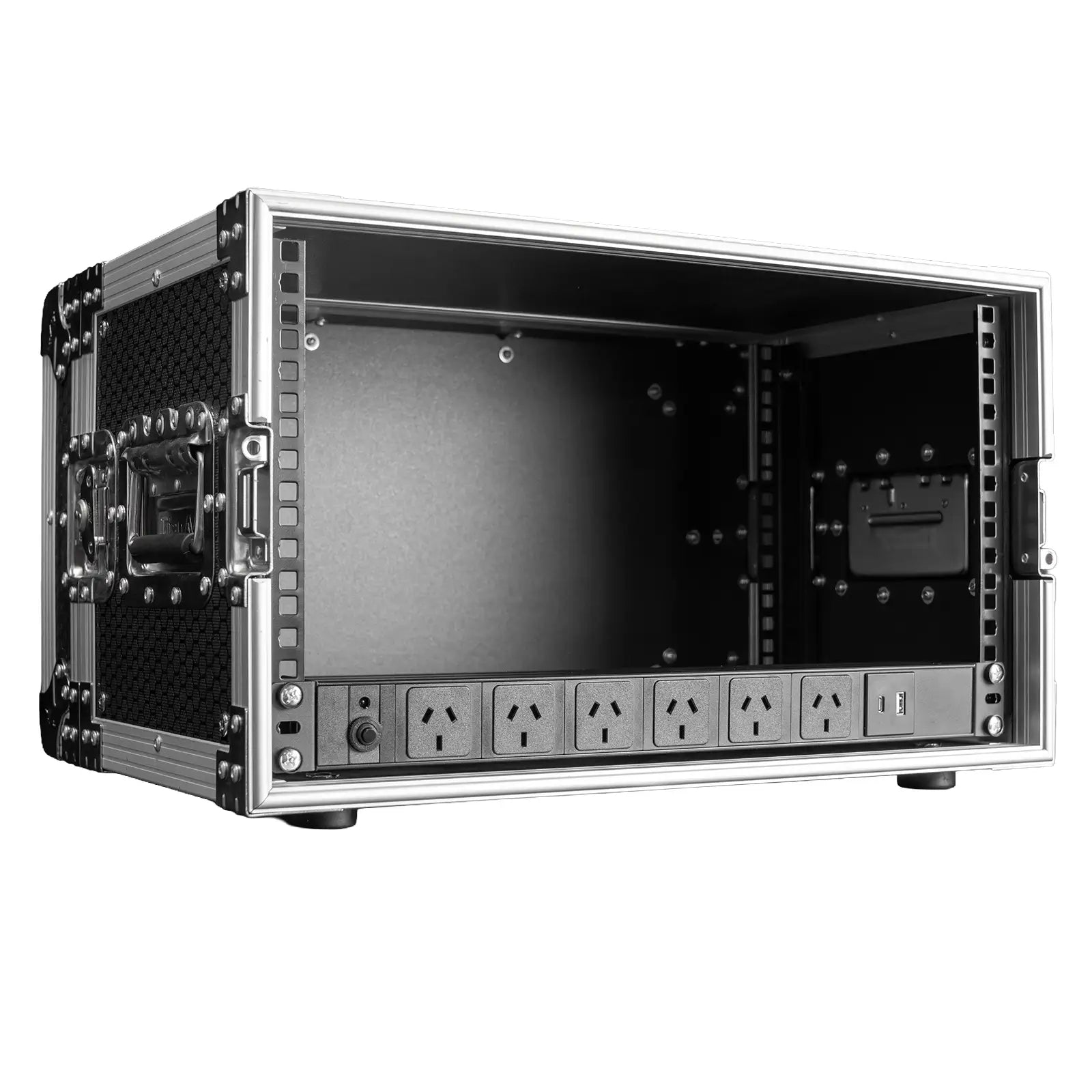 1RU 6 Way PDU with USB and USB-C Charging inside a rack case
