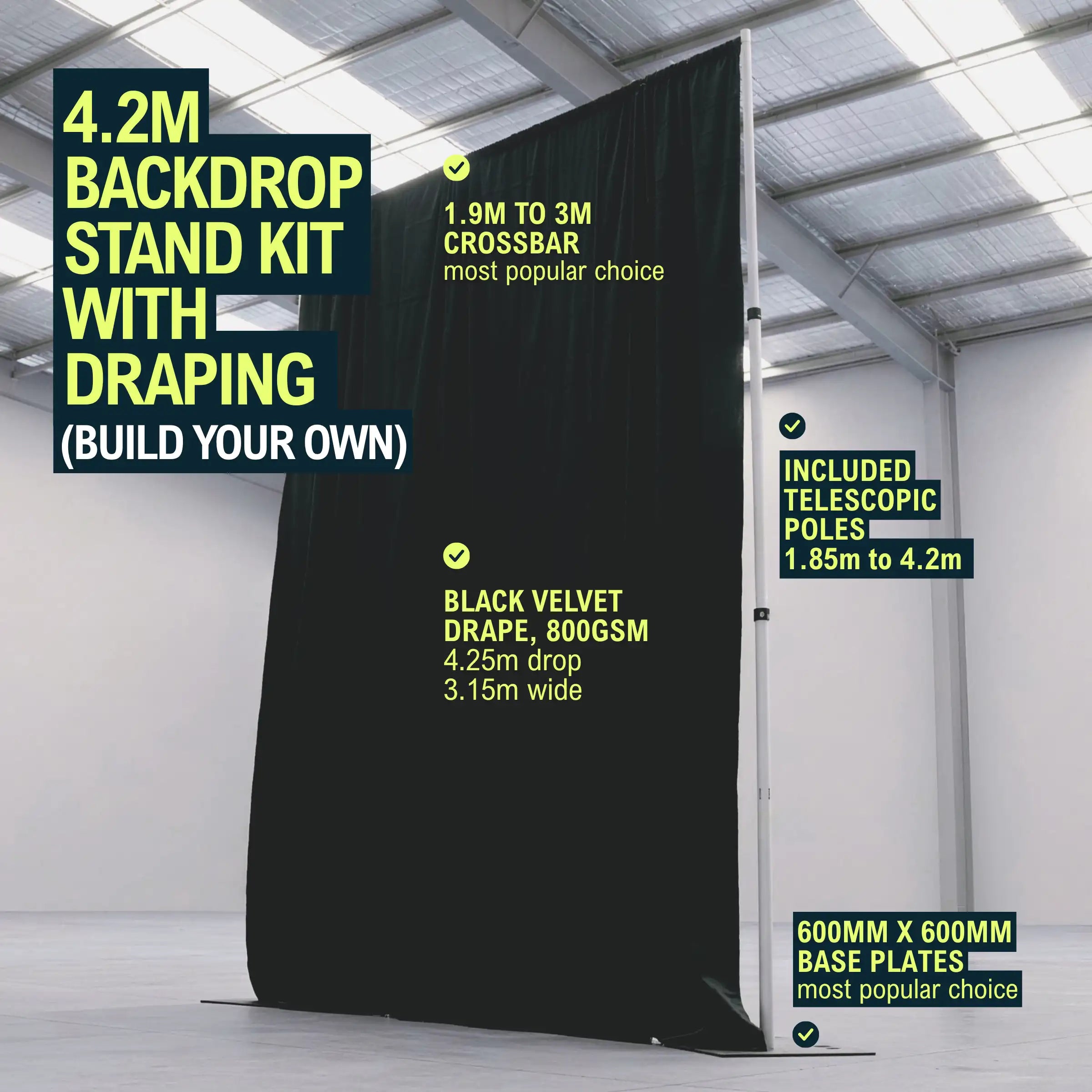 4.2m Backdrop Stand Kit with Draping (Build Your Own)
