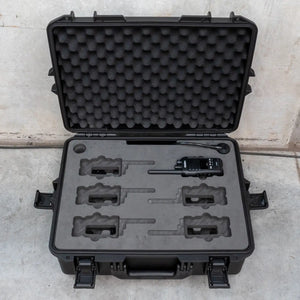 Australian made custom CNC foam insert with removable layers for Uniden UH755 handheld radios, SM755 speaker microphones, DT755 chargers, and a powerboard with concealed cables