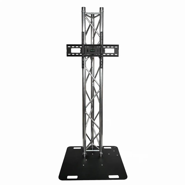 Solid TV stand for portable events using tri lighting truss