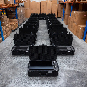 Large order of 20x foam inserts for Pelican cases, each holding a vertical monitor, cables and accessories