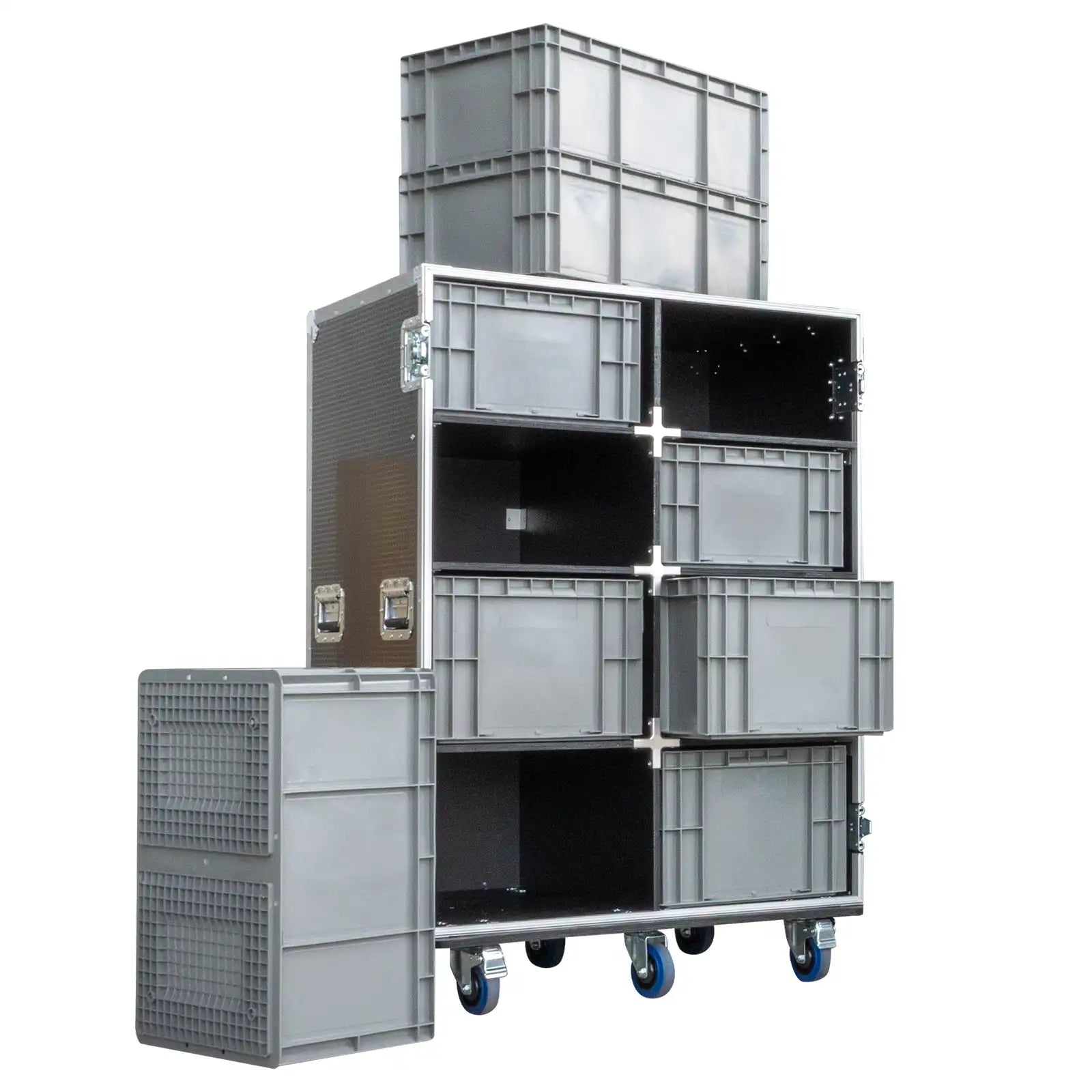 Inside view of our 8-Crate Mixed Storage Road Case (Double-Wide)