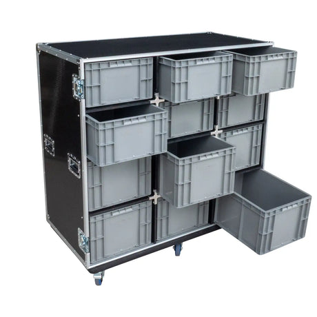 Inside look at the removeable crates inside our 12-Crate Mixed Storage Road Case (Triple-Wide)