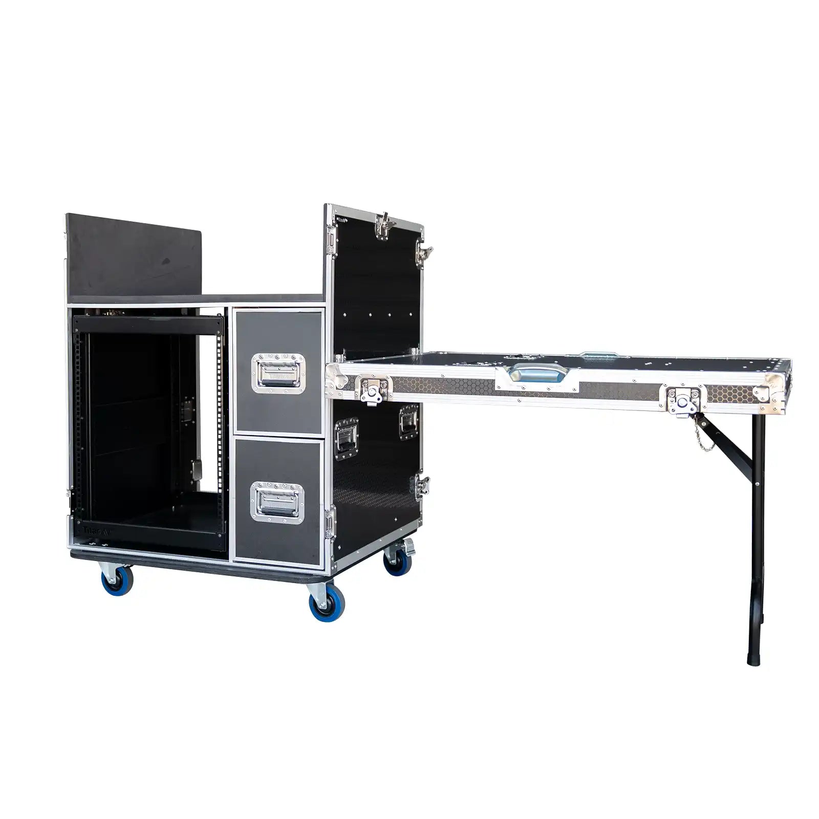 Setup view of Titan AV Mixer Workstation Flight Case with 12RU Shockproof Rack & Table