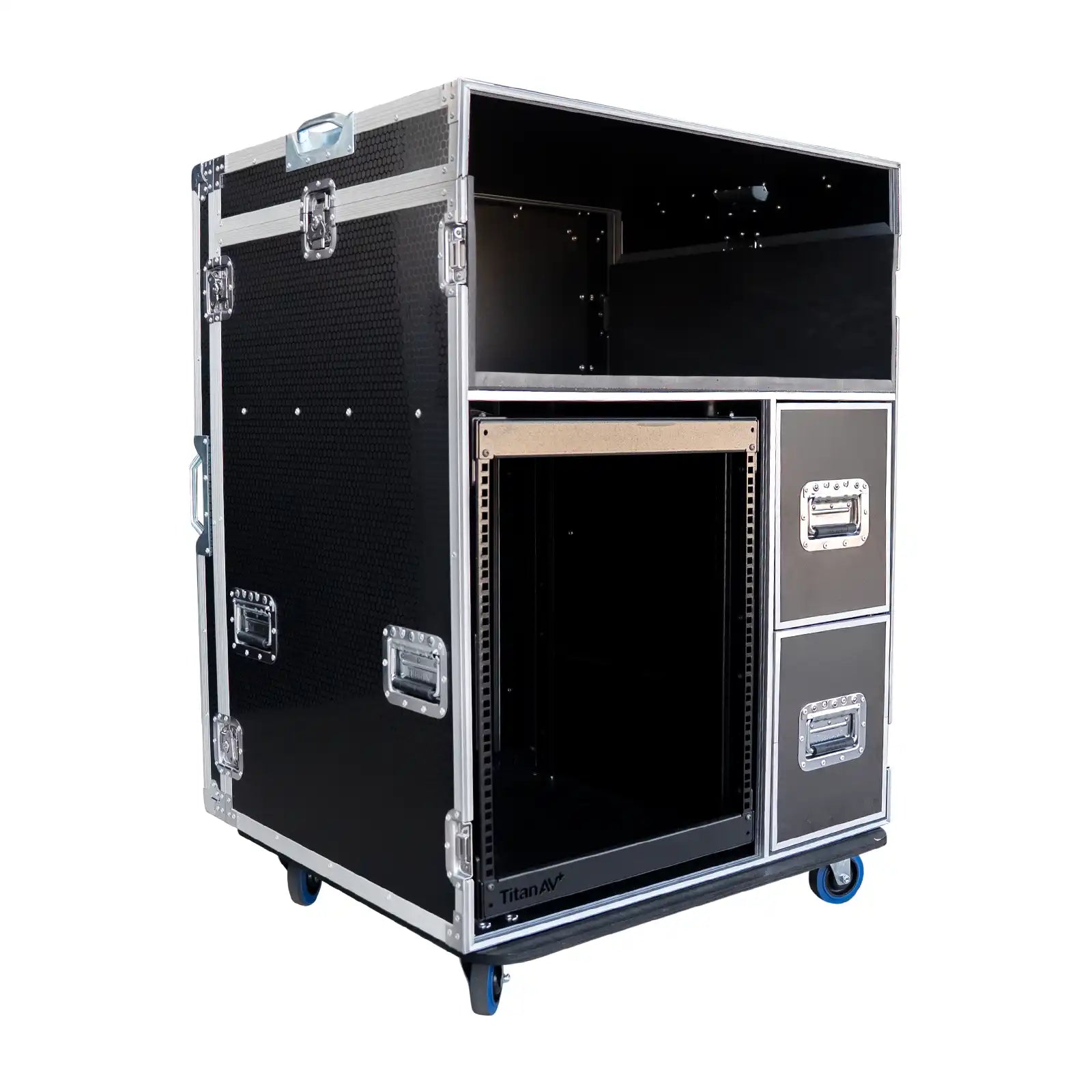 Front cover off Mixer Workstation Flight Case with 12RU Shockproof Rack & Table