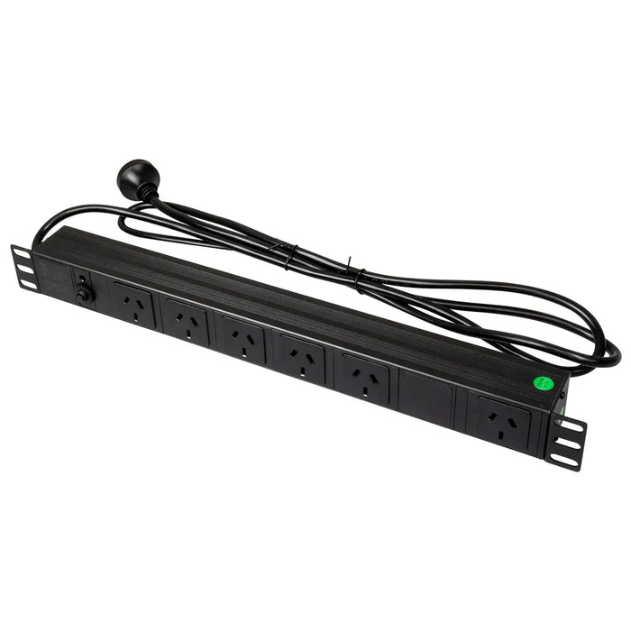 Titan AV 1RU 6 way PDU with overload protection mounted in a 19" equipment rack