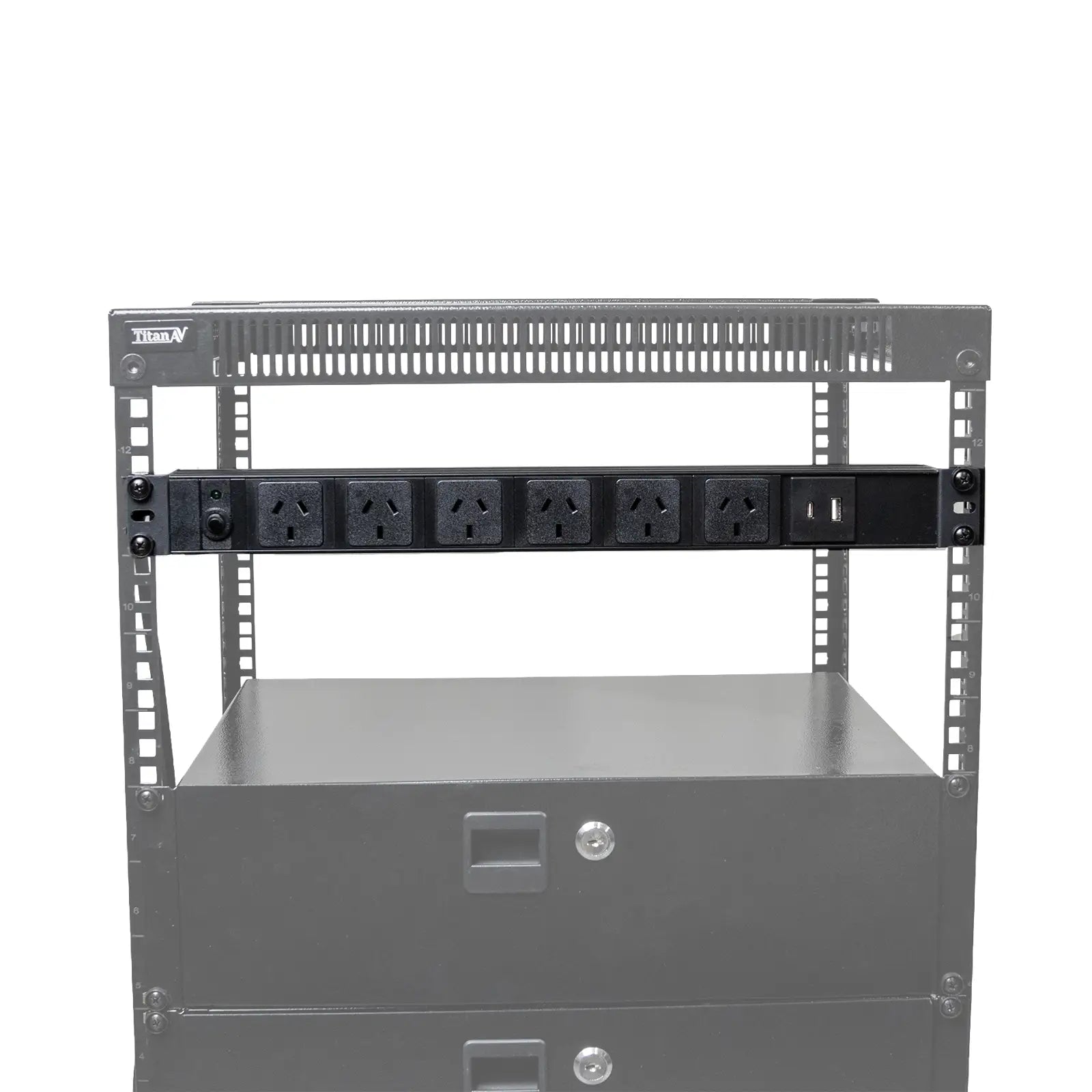 1RU 6 Way PDU with USB and USB-C Charging in an open frame server rack