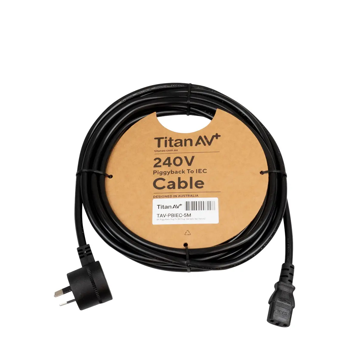 5m IEC power cable with piggy back plug, black kettle lead, touring production and medium venue standard
