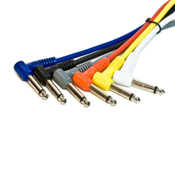 0.3m 1/4" Right Angle Mono Jack Guitar Patch Lead, Multi Colour Pack of 6